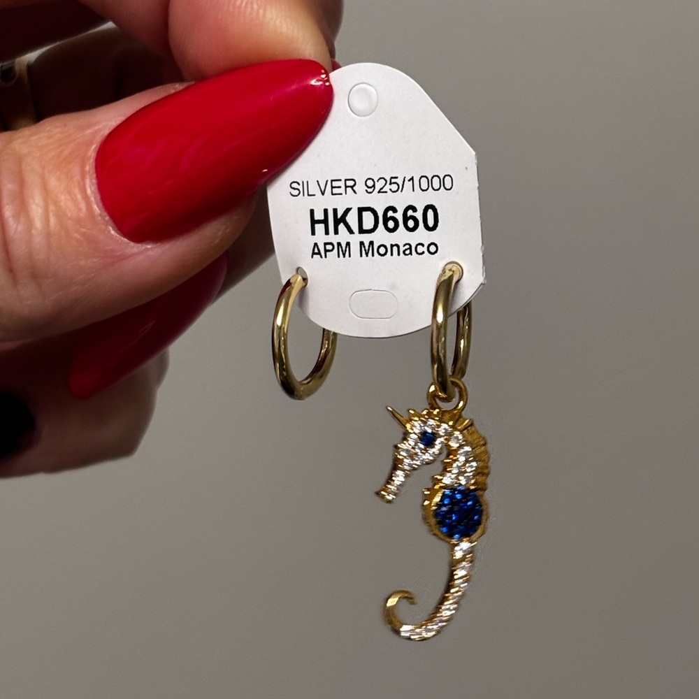 APM Monaco STERLING W/gold plate Mono Seahorse Charm with Blue and White Accents